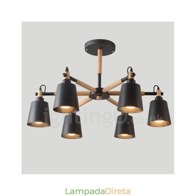 Lustre moderno contemporâneo de madeira com 6 luzes