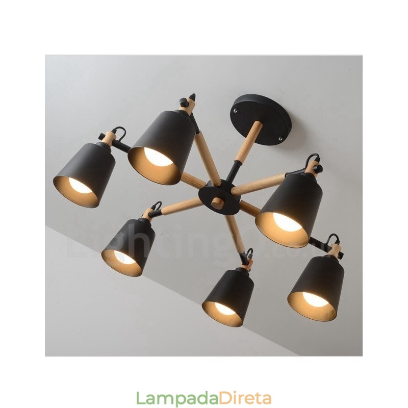 Lustre moderno contemporâneo de madeira com 6 luzes