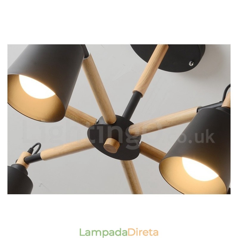 Lustre moderno contemporâneo de madeira com 6 luzes
