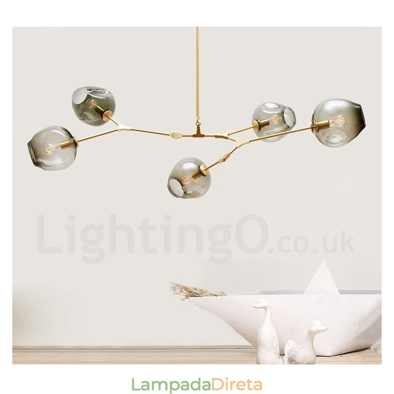 Lustre moderno contemporâneo de 5 luzes com abajur de vidro