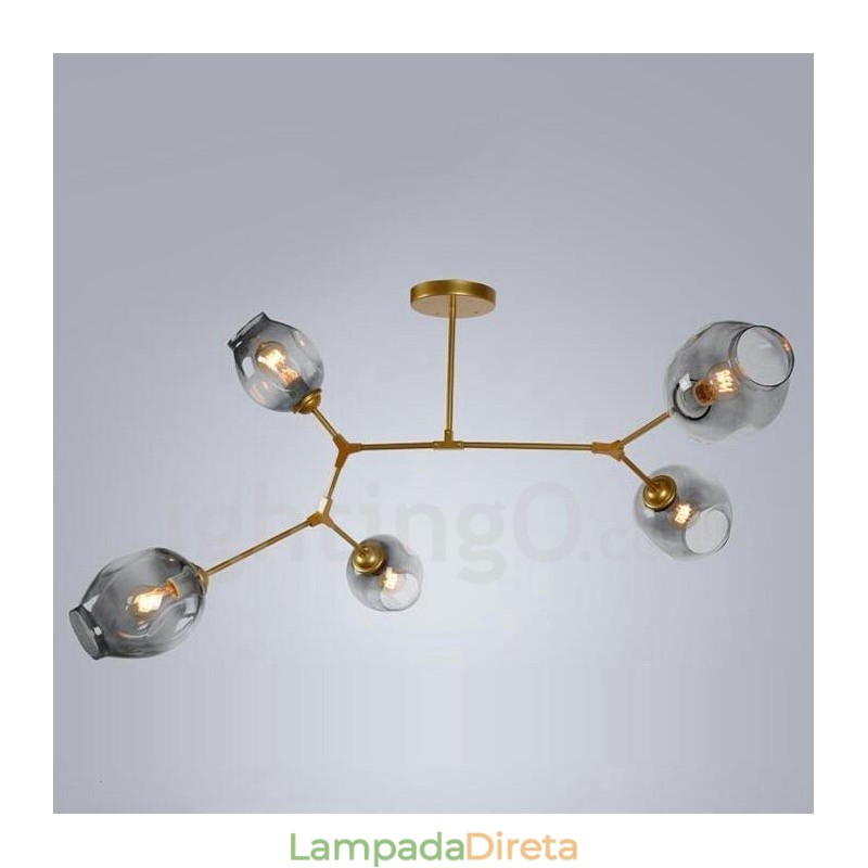 Lustre moderno contemporâneo de 5 luzes com abajur de vidro