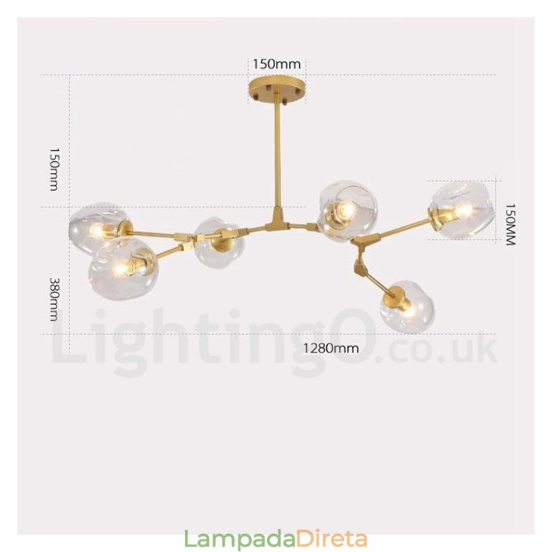 Lustre moderno contemporâneo de 6 luzes com cúpula de vidro transparente e luz