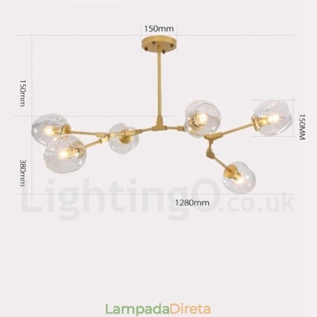 Lustre moderno contemporâneo de 6 luzes com cúpula de vidro transparente e luz