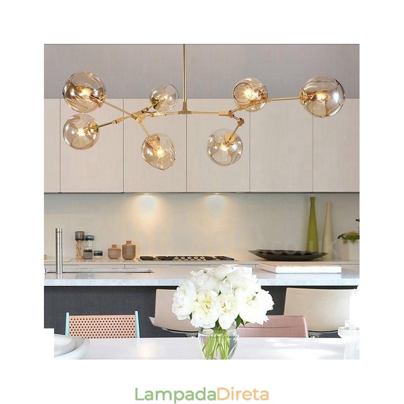 Lustre moderno contemporâneo de 7 luzes com cúpula de vidro transparente e lâmpada