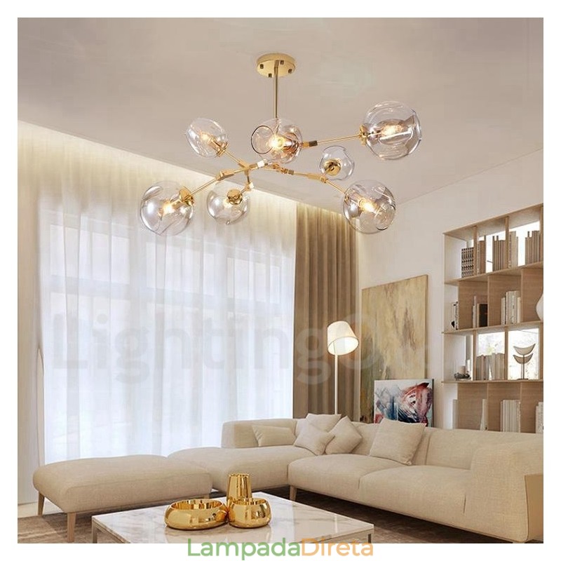Lustre moderno contemporâneo de 7 luzes com cúpula de vidro transparente e lâmpada