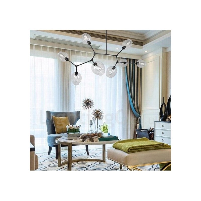 Lustre moderno contemporâneo de 8 luzes com cúpula de vidro transparente e lâmpada (preto dourado)