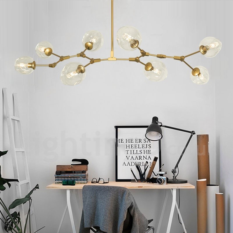 Lustre moderno contemporâneo de 8 luzes com cúpula de vidro transparente e lâmpada (preto dourado)