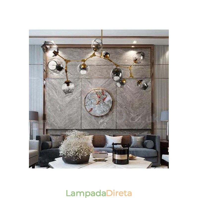 Lustre dourado de 10 luzes com cúpula de vidro, estilo contemporâneo moderno