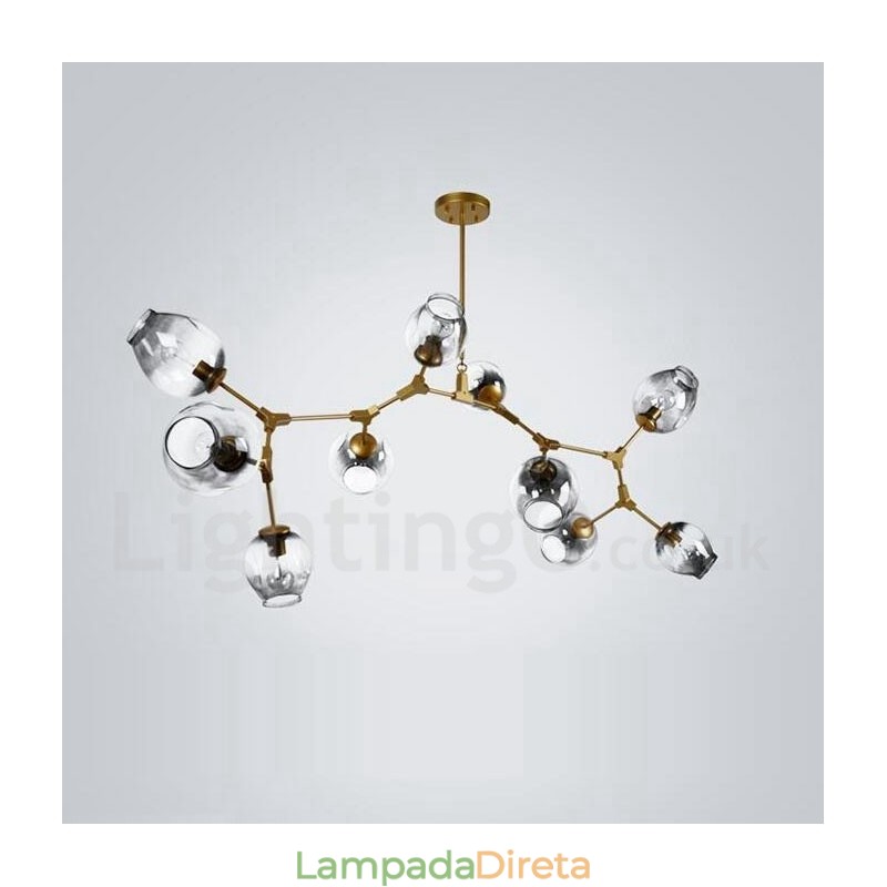 Lustre dourado de 10 luzes com cúpula de vidro, estilo contemporâneo moderno