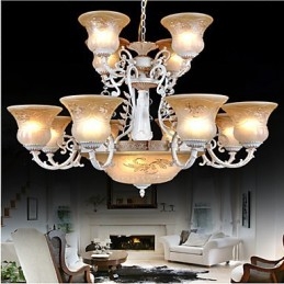Lustre Branco Quinze Luzes Padrão Vidro Sombra Mão Dourado Europeu Retro Clássico