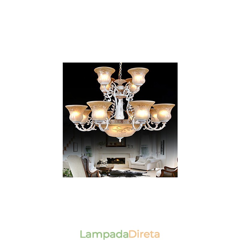 Lustre Branco Quinze Luzes Padrão Vidro Sombra Mão Dourado Europeu Retro Clássico