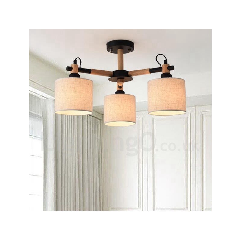 Lustre moderno contemporâneo de madeira com 3 luzes de nível único e sombra de tecido de tambor e