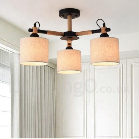 Lustre moderno contemporâneo de madeira com 3 luzes de nível único e sombra de tecido de tambor e Lustre moderno contemporâneo de madeira com 3 luzes de nível único e sombra de tecido de tambor e