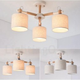 Lustre moderno contemporâneo de madeira com 3 luzes de nível único e sombra de tecido de tambor e