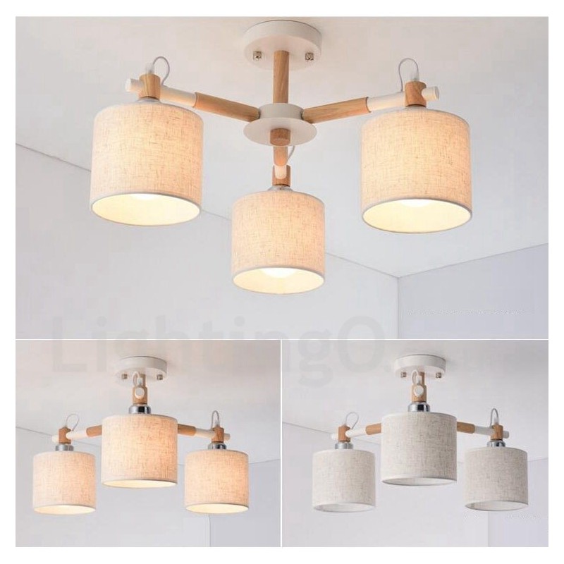 Lustre moderno contemporâneo de madeira com 3 luzes de nível único e sombra de tecido de tambor e