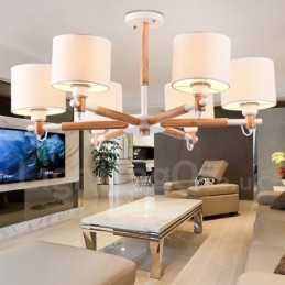 Lustre moderno contemporâneo de madeira com 6 luzes e tecido de tambor (preto e branco)