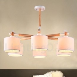 Lustre moderno contemporâneo de madeira com 6 luzes e tecido de tambor (preto e branco)