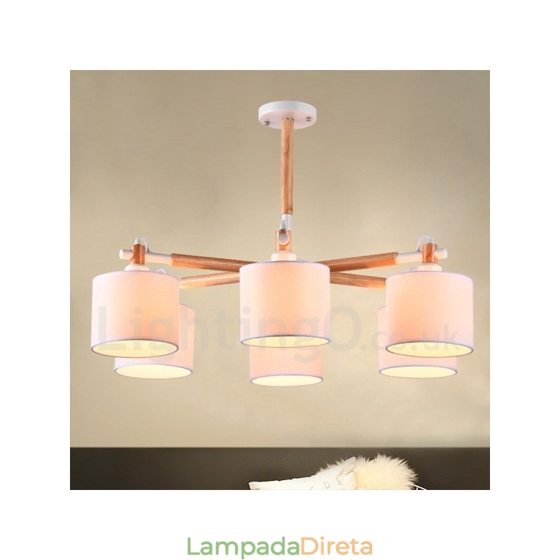 Lustre moderno contemporâneo de madeira com 6 luzes e tecido de tambor (preto e branco)