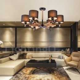 Lustre moderno contemporâneo de madeira com 6 luzes e tecido de tambor (preto e branco)