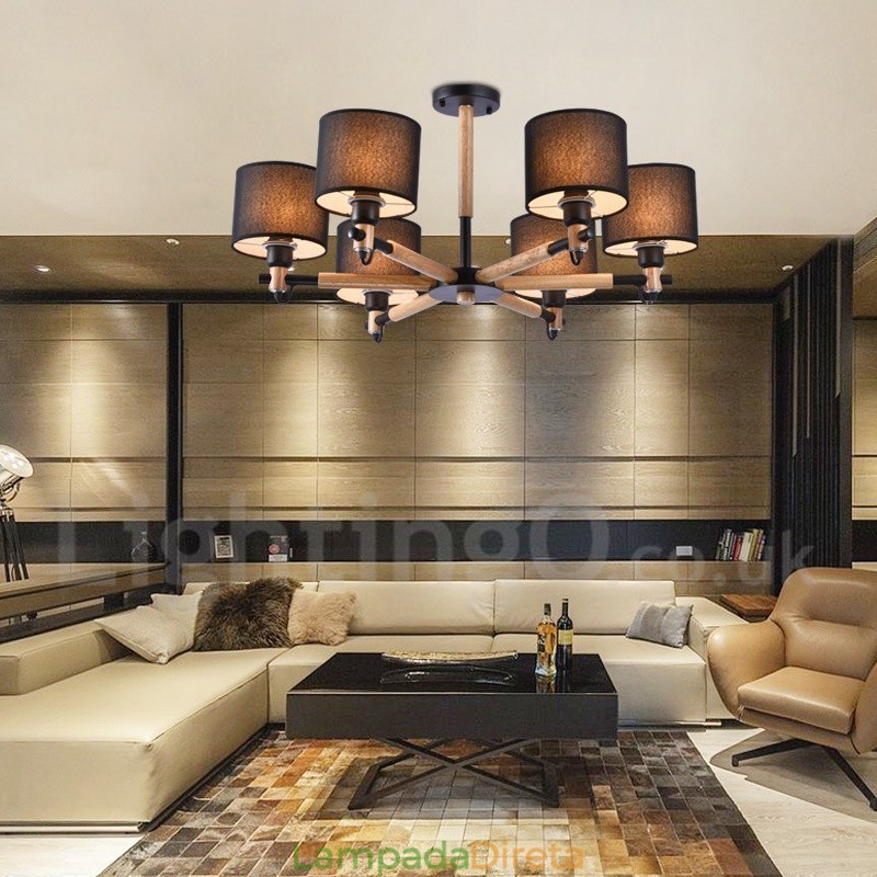 Lustre moderno contemporâneo de madeira com 6 luzes e tecido de tambor (preto e branco)