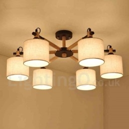 Lustre moderno contemporâneo de madeira com 6 luzes e tecido de tambor (preto e branco)