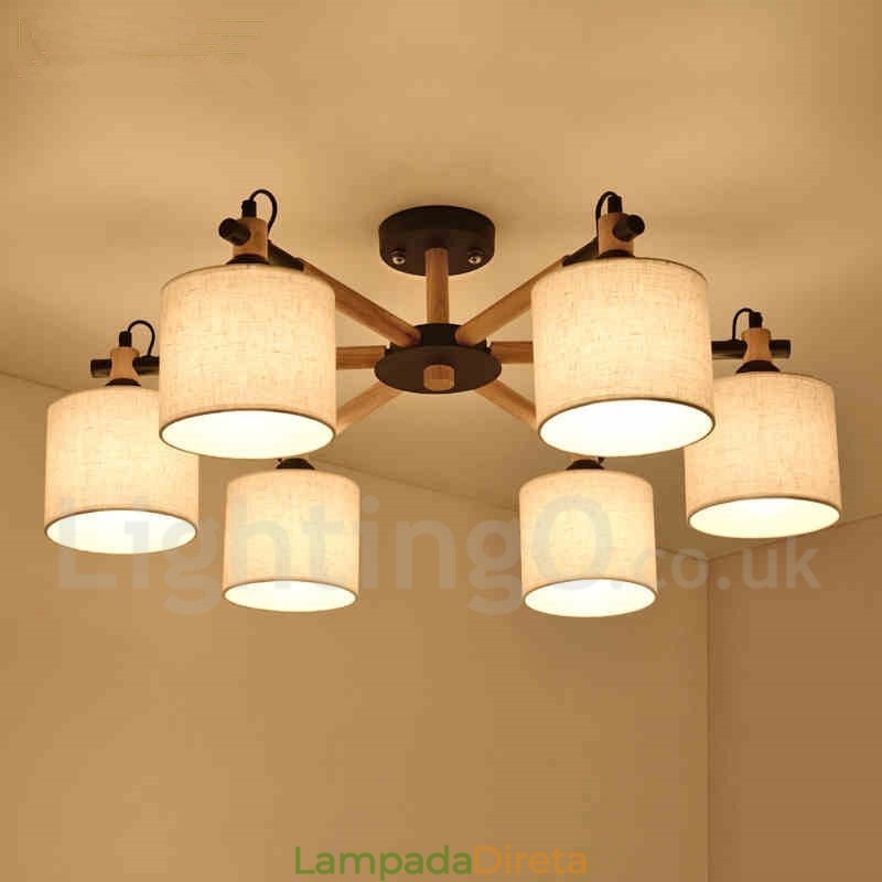 Lustre moderno contemporâneo de madeira com 6 luzes e tecido de tambor (preto e branco)