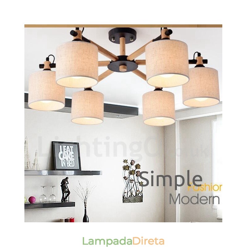 Lustre moderno contemporâneo de madeira com 6 luzes e tecido de tambor (preto e branco)
