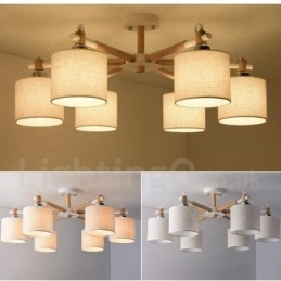 Lustre moderno contemporâneo de madeira com 6 luzes e tecido de tambor (preto e branco)