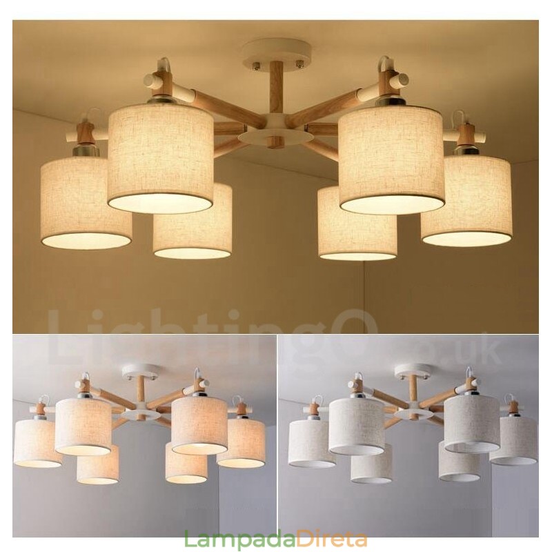 Lustre moderno contemporâneo de madeira com 6 luzes e tecido de tambor (preto e branco)