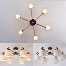 Lustre moderno contemporâneo de madeira com 6 luzes e tecido de tambor (preto e branco)