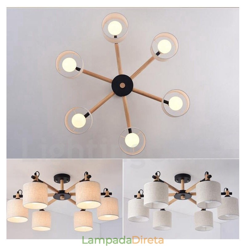 Lustre moderno contemporâneo de madeira com 6 luzes e tecido de tambor (preto e branco)