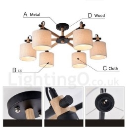 Lustre moderno contemporâneo de madeira com 6 luzes e tecido de tambor (preto e branco)