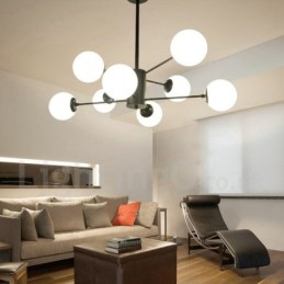 Lustre de metal preto, moderno, contemporâneo, de 8 luzes, 2 níveis, com cúpula de vidro