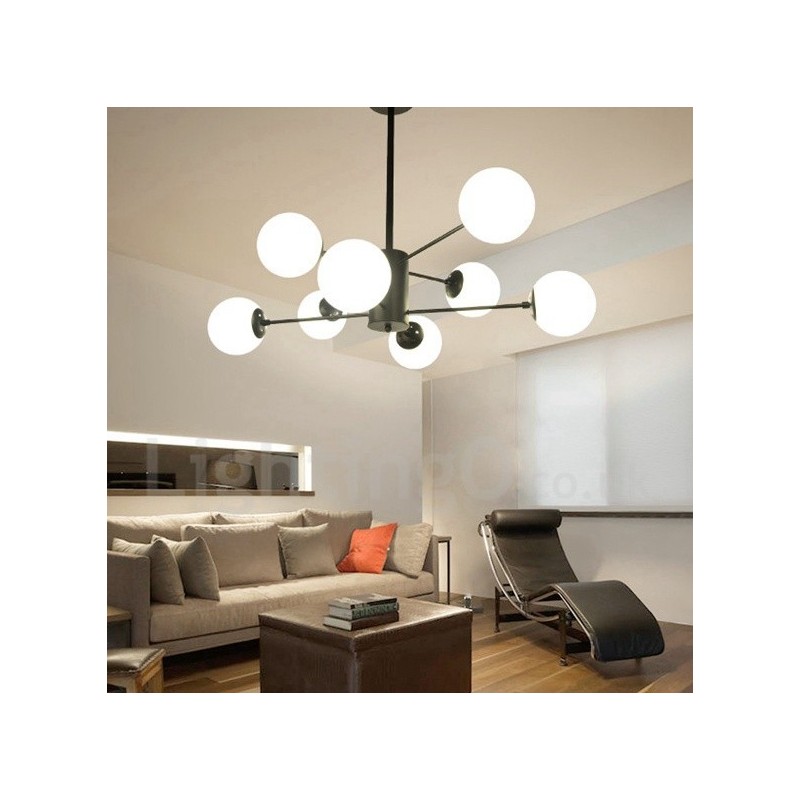 Lustre de metal preto, moderno, contemporâneo, de 8 luzes, 2 níveis, com cúpula de vidro