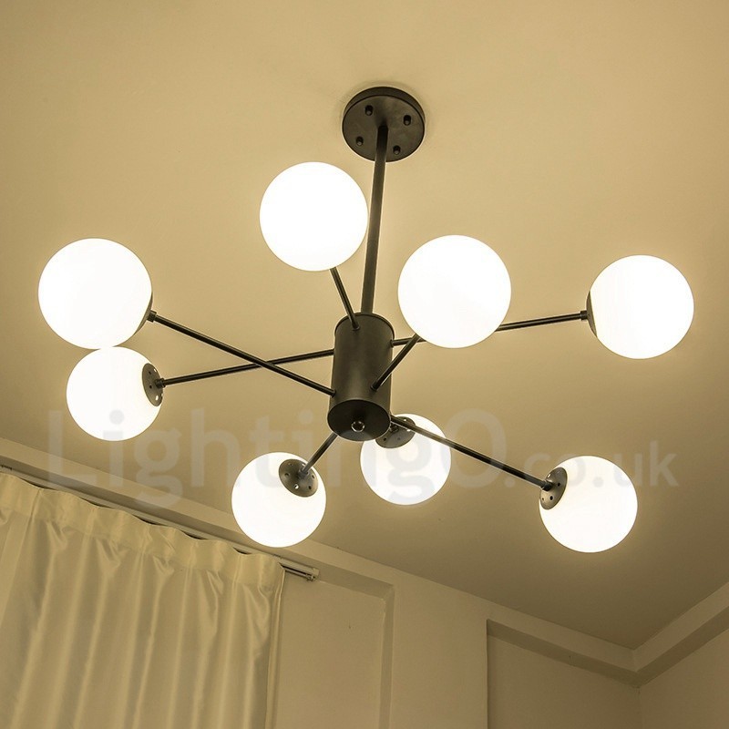 Lustre de metal preto, moderno, contemporâneo, de 8 luzes, 2 níveis, com cúpula de vidro