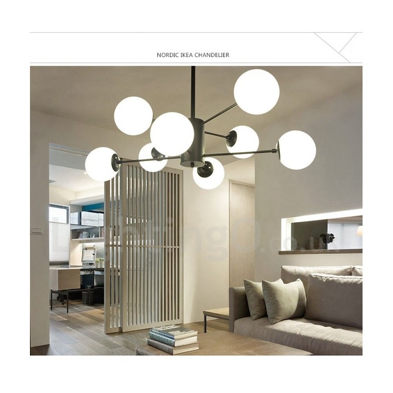 Lustre de metal preto, moderno, contemporâneo, de 8 luzes, 2 níveis, com cúpula de vidro