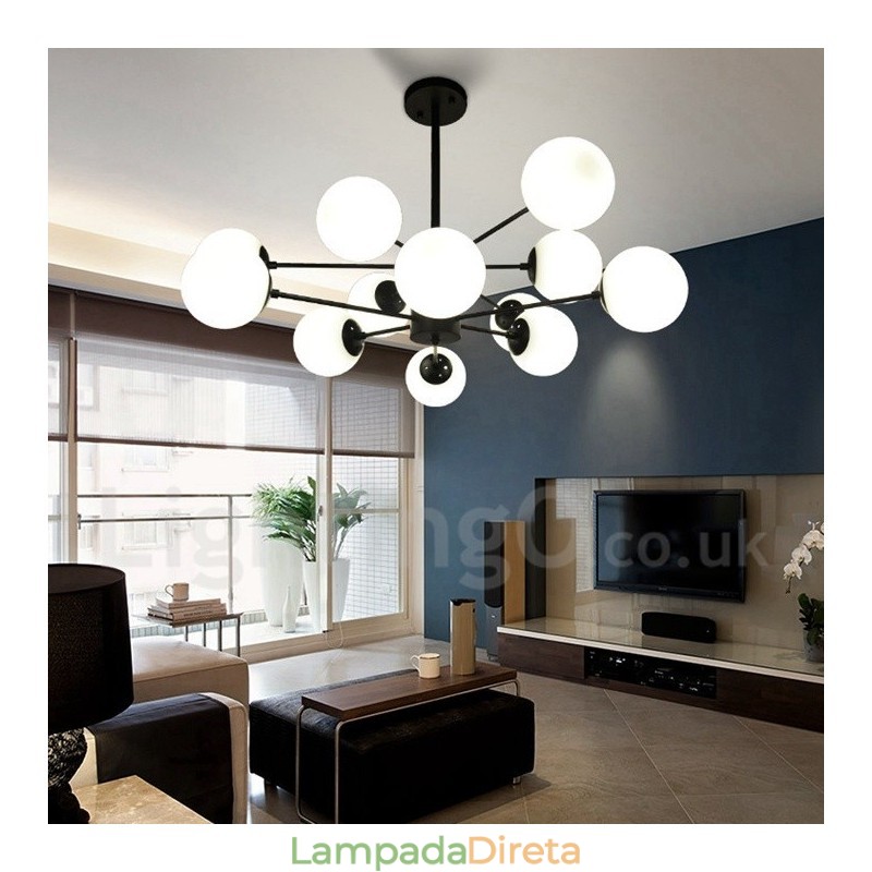 Lustre de metal preto de 12 luzes e 2 níveis com cúpula de vidro estilo contemporâneo moderno