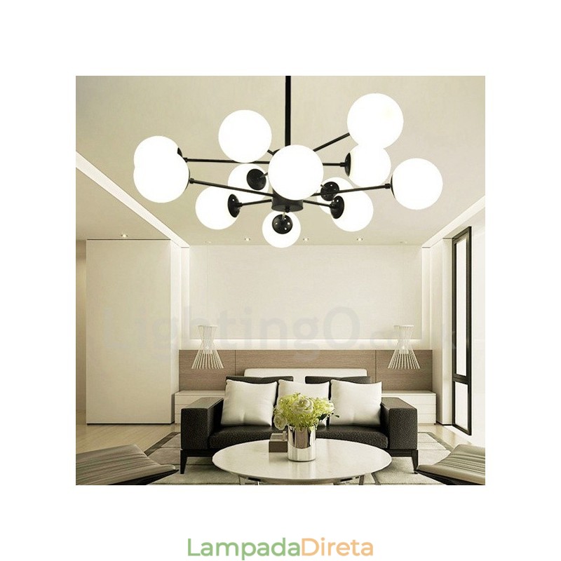 Lustre de metal preto de 12 luzes e 2 níveis com cúpula de vidro estilo contemporâneo moderno
