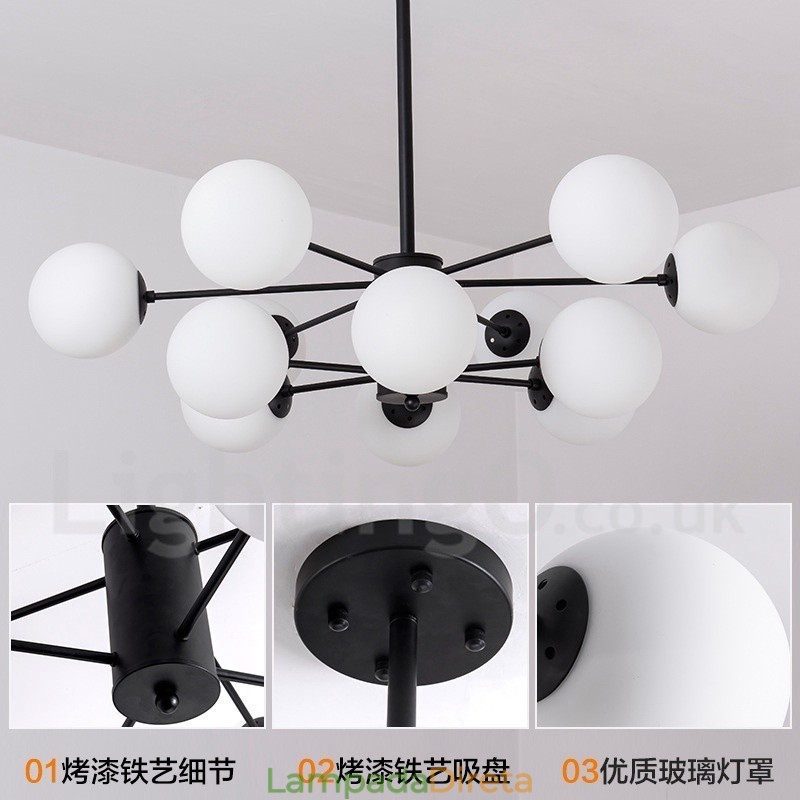 Lustre de metal preto de 12 luzes e 2 níveis com cúpula de vidro estilo contemporâneo moderno