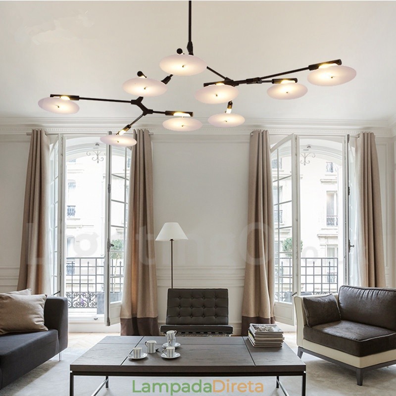 Lustre moderno contemporâneo preto de 9 luzes