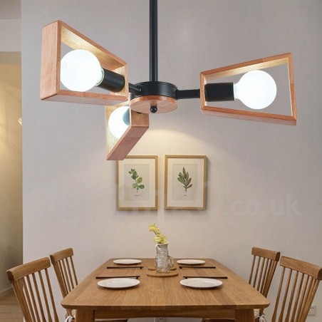 Lustre de madeira com 3 luzes e camada única, estilo moderno e contemporâneo Lustre de madeira com 3 luzes e camada única, estilo moderno e contemporâneo