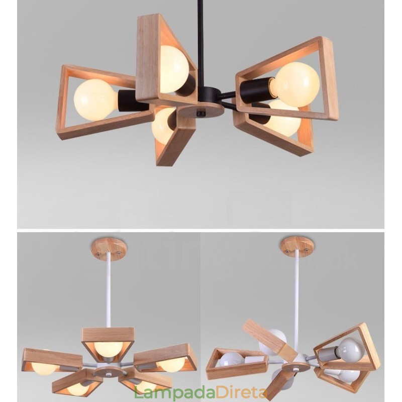 Lustre de madeira de camada única com 5 luzes, estilo moderno e contemporâneo