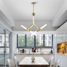 Lustre moderno contemporâneo de 2 níveis e 4 luzes dourado