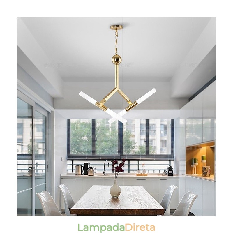 Lustre moderno contemporâneo de 2 níveis e 4 luzes dourado