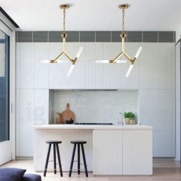 Lustre moderno contemporâneo de 2 níveis e 4 luzes dourado