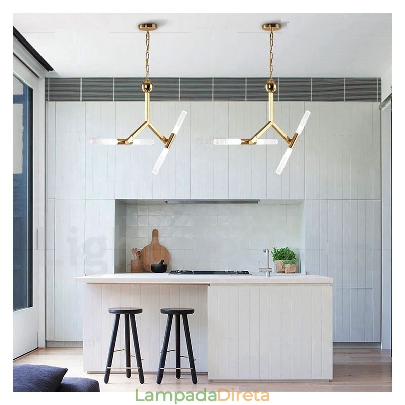 Lustre moderno contemporâneo de 2 níveis e 4 luzes dourado