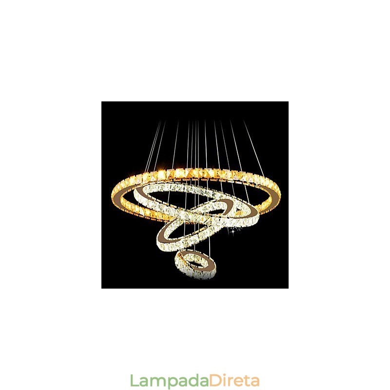Lustre de teto moderno com pingente de cristal, luminária com 4 anéis, anel grande, cristal âmbar e outros cristais transparentes