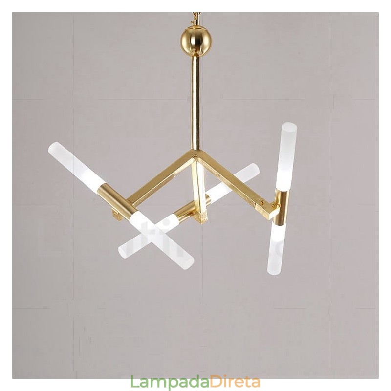 Lustre moderno contemporâneo de 2 níveis e 6 luzes dourado