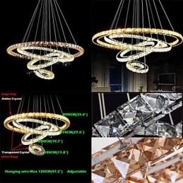 Lustre de teto moderno com pingente de cristal, luminária com 4 anéis, anel grande, cristal âmbar e outros cristais transparentes