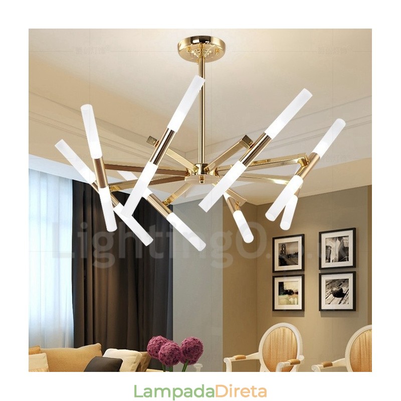 Lustre moderno contemporâneo de 2 níveis e 16 luzes dourado
